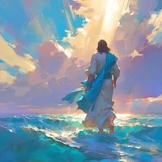 a painting of jesus walking into the ocean