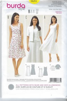 a woman's dress and jacket sewing pattern from the burda style book, with instructions