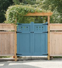 a blue wooden gate with vines growing over it's top and bottom part, in front of a wood fence