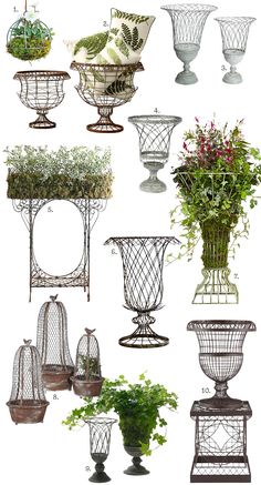 several different types of planters and vases with plants in them, all hanging from the ceiling