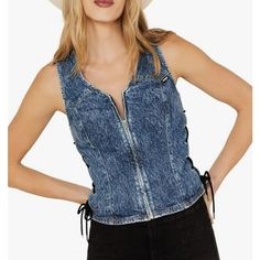 Approximate Measurements: Length 20 In., Width 15 In. (Armpit To Armpit). Western Denim Vest, Edgy Dark Wash Tops For Spring, Edgy Dark Colored Top For Spring, Trendy Denim Jeans For Rodeo, Western Style Dark Wash Jeans For Spring, Western Style Denim Tops, Casual Denim Jacket For Spring Rodeo, Casual Denim Jacket For Rodeo Spring, Casual Denim Jacket For Rodeo In Spring