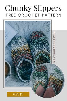 two crocheted slippers with the text chunk slippers free crochet pattern