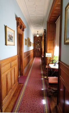 a long hallway with wooden paneling and red carpet