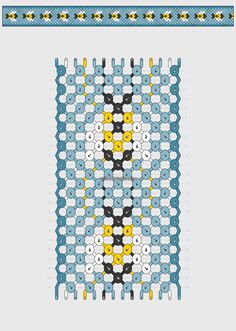 a cross stitch pattern in blue, yellow and black with white dots on the center