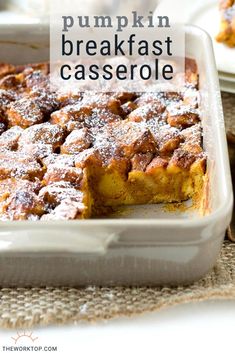 pumpkin breakfast casserole in a baking dish with the title overlay reading, pumpkin breakfast casserole