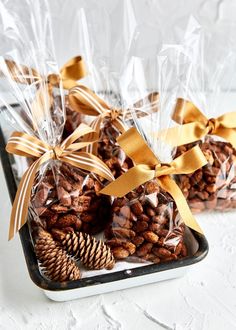 two bags filled with nuts and pine cones