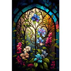 a stained glass window with flowers and leaves on it's side, in front of a dark background