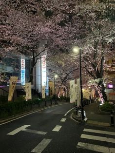 an empty street is lined with cherry blossom trees in the city at night, and there are signs hanging on the buildings