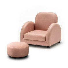 a pink chair and ottoman sitting next to each other