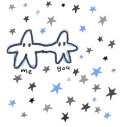 an airplane with the words me you written on it in blue and grey stars around it