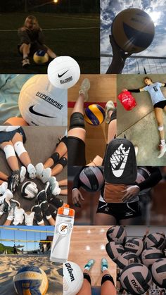 a collage of photos with different sports equipment