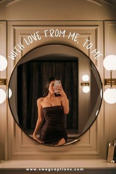 a woman taking a selfie in front of a mirror with the words, why love from me to you