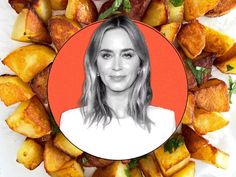 a photo of a woman surrounded by potatoes on a plate with a red circle over it