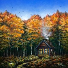 a painting of a cabin in the woods surrounded by trees with colorful leaves and birds flying overhead