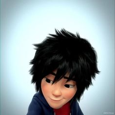 an animated character with black hair wearing a red shirt and blue hoodie looking at the camera