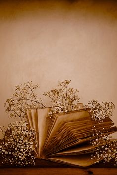 an open book sitting on top of a wooden table next to a vase filled with baby's breath flowers