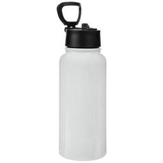 a white water bottle with a black lid