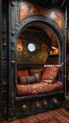 an ornate bed in the middle of a room with lots of pillows on top of it