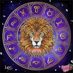 the zodiac sign with a lion's head in front of an astro wheel on a purple background