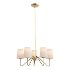 a brass chandelier with five white shades