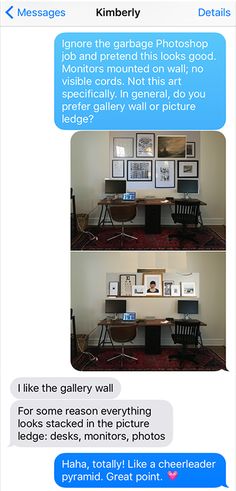 two screenshots of the same room with texting and pictures on them, one has an image of a man sitting at a desk