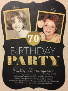 a black and gold 70th birthday party card with two women's faces on it