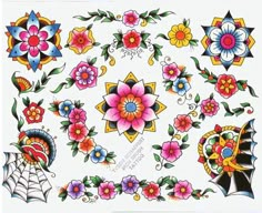 an assortment of colorful flowers and spider webs on a white background with black border