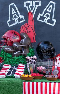 a football themed party with food and decorations