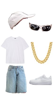 a white t - shirt, jeans shorts and hat are arranged in the same fashion