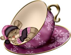 a mouse in a teacup with a hat and scarf