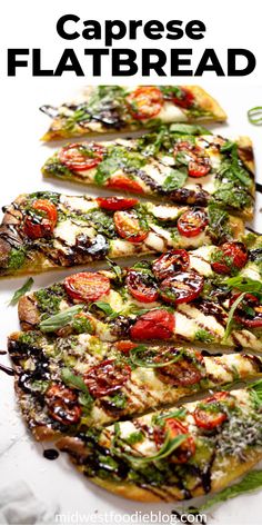 three flatbread pizzas with tomatoes, cheese and herbs on them are arranged in the shape of a spiral