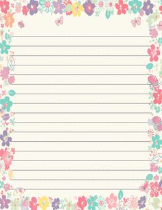 a lined paper with colorful flowers and butterflies on the border, in pastel colors