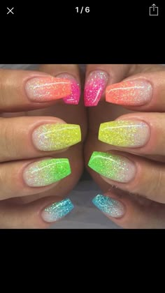 Vibrant Nail Designs, Sns Nails Designs, Fluorescent Nails, Bright Nail Designs, Trends Nails, Fun Summer Nails, Silver Nail Art, Summer Gel Nails, Unicorn Nails