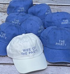 six blue hats with the words wife of the party on them