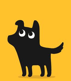 a black dog with big eyes standing in the middle of a yellow background and looking up