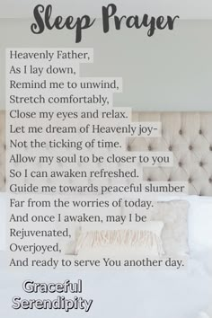 a poster with the words sleep prayer written in black and white, on top of a bed