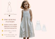 Kids Linen Midi Dress Sewing Pattern With Pockets,Kids Summer Dress Pattern,Flower Girls Dress Sewing Pattern A0,A4,US Letter-Girl Size 2-16Age *Linen Dress *Gathered Skirt *Strappy Dress *Midi Dress *Sleeveless Dress *High Waist Dress Linen Fabric, High Waist Stitching, Midi Dress, Shirred Skirt, Back Flat Seam with Invisible Zipper Full Length Top Closure, Straps 7/8"(2cm), Straight Front Neck, V-Neck Back Necklines, Sleeveless Dress, In-Sew Pockets This product does not have lining and interlining There is a zip on the back of the dress. If you do not want to sew a zip, you can cut the back as one piece. Kids Linen Midi Dress Sewing Pattern With Pockets, available as an instant download (pdf) sewing pattern bundle with a range of size options, including plus sizes. ✅Kids Girl Size : 2-1 Free Toddler Dress Pattern, Kids Pinafore Dress, Girl Dress Sewing Pattern, Pdf Sewing Patterns Kids, Midi Dress Sewing Pattern, Kids Pinafore, Toddler Summer Dresses, Summer Dress Pattern, Midi Dress Pattern