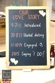 a chalkboard sign that says our love story and dates to each date on it