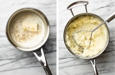 two pictures showing how to make mashed potatoes with butter and seasoning in a saucepan