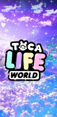 the logo for toca life world is shown in front of an image of clouds and stars