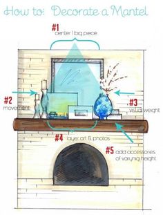 a drawing of a fireplace with vases and other items on the mantel above it