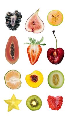 an assortment of fruit cut in half on a white background with star shaped objects around it