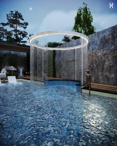 an artistic rendering of a swimming pool in the evening