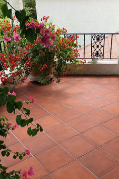 some pink and red flowers on a brick floor next to a balcony with wrought iron railing