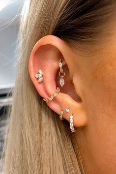 a close up of a person with ear piercings on their left and right ears