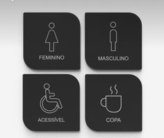 four square signs with different symbols for people in the bathroom, including coffee and toilet