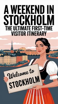 a woman holding a sign that says welcome to stockholm