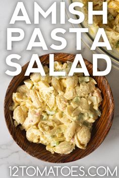 two bowls filled with pasta salad on top of a white counter next to the words, amish pasta salad