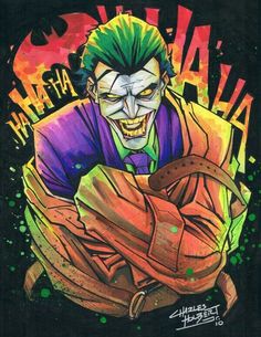 a drawing of the joker with green hair and purple eyes, holding a baseball glove