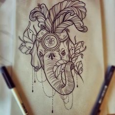 a drawing of an elephant with a clock on it's face and some beads around its neck